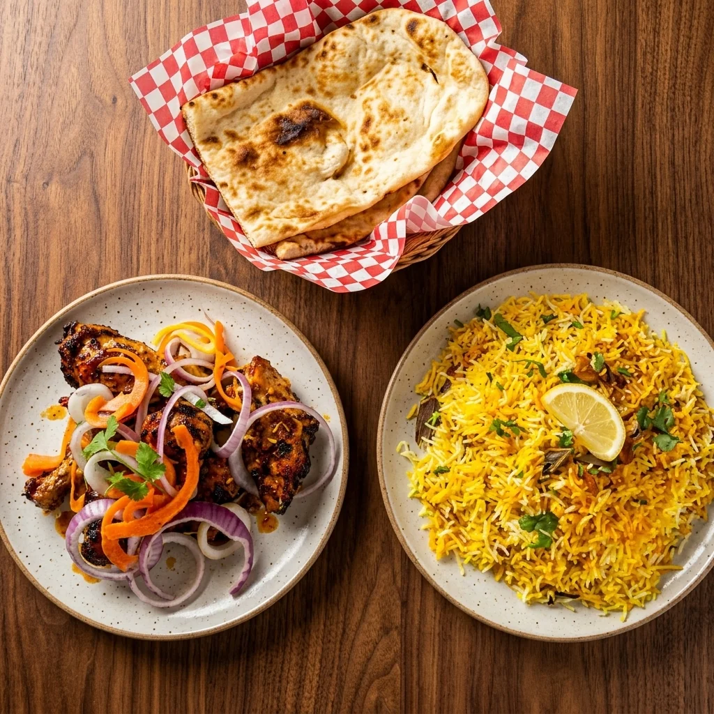 Chicken tikka, naan and biryani at The Flames Indian Cuisine, an Indian restaurant in Stoney Creek, Hamilton